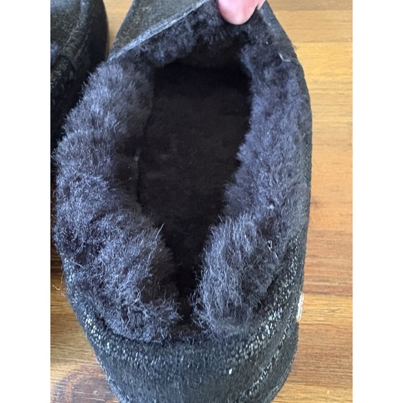 Abeo Leather Slippers Size 8 Black Leather Sparkle Moccasins Sheepskin Lining - Picture 9 of 16
